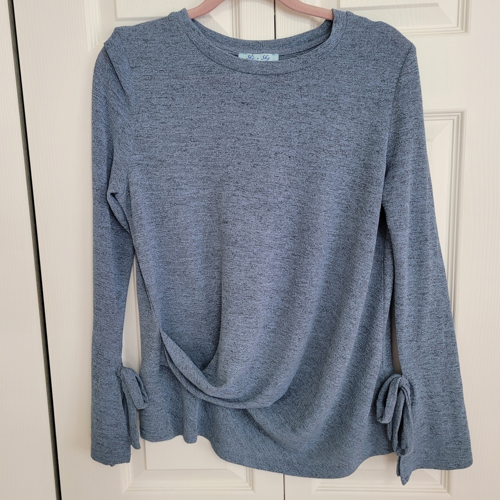 She + Sky Blue w/ hint of green Long Sleeve Top with Tie Details